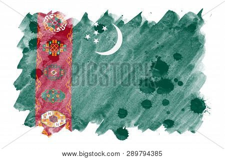 Turkmenistan Flag  Is Depicted In Liquid Watercolor Style Isolated On White Background