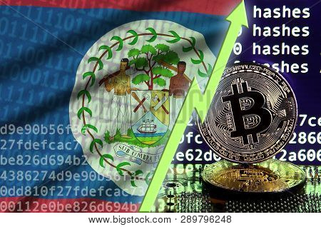 Belize Flag And Rising Green Arrow On Bitcoin Mining Screen And Two Physical Golden Bitcoins