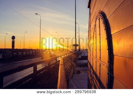 Road At Sunset Bypass. City Expressway. Detour Urban Traffic Jams. Sunset Road