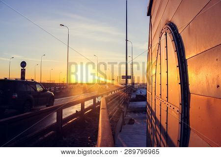 Road At Sunset Bypass. City Expressway. Detour Urban Traffic Jams. Sunset Road