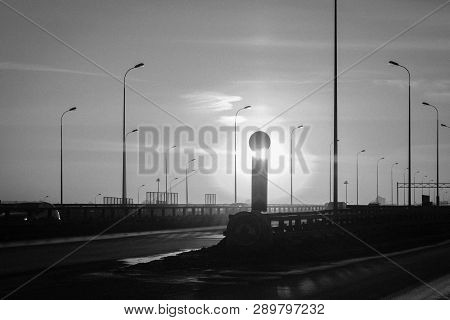 Road At Sunset Bypass. City Expressway. Detour Urban Traffic Jams. Sunset Road