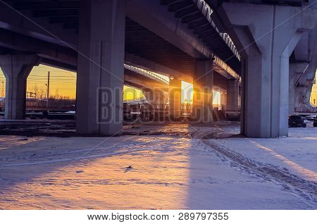Road At Sunset Bypass. City Expressway. Detour Urban Traffic Jams. Sunset Road