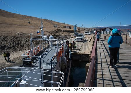 Sakhurta, Russia - May 1, 2018: Ferry Dock On The Island Of Olkhon. Lake Baikal. People Are Waiting 
