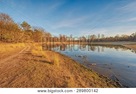 Small Lake In The Low Light Of The Setting Sun. The Photo Was Taken In The Dutch Nature Reserve Bosw