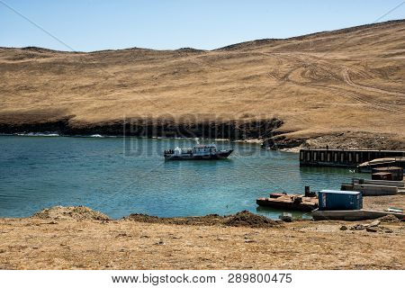Sakhurta, Russia - May 1, 2018: Ferry Is Coming From The Island Of Olkhon. Lake Baikal. The Strait I