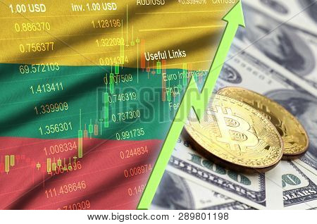Lithuania Flag And Cryptocurrency Growing Trend With Two Bitcoins On Dollar Bills