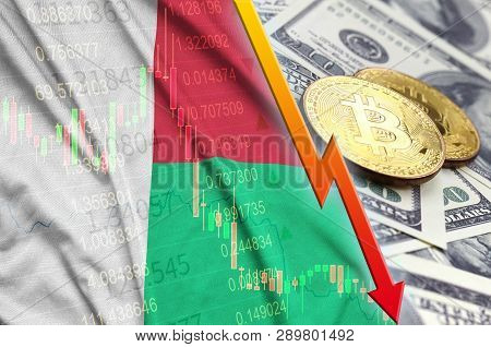 Madagascar Flag And Cryptocurrency Falling Trend With Two Bitcoins On Dollar Bills
