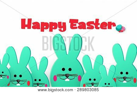 Happy Easter. Easter Large And Small Bunnies Looking Away On A White Background. Template For Greeti