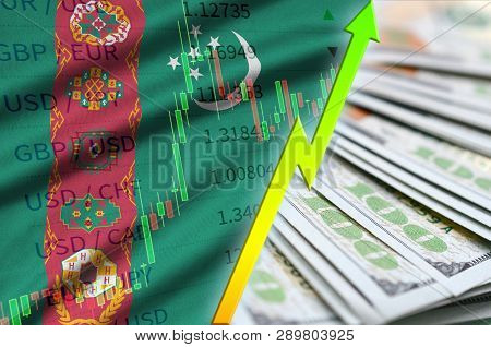 Turkmenistan Flag And Chart Growing Us Dollar Position With A Fan Of Dollar Bills