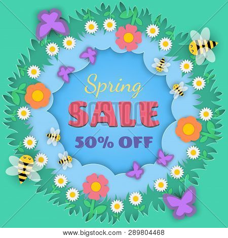 Spring Sale Banner In Frame Of Floral, Flowers, Meadow And Insect On Paper Cut Background For Season