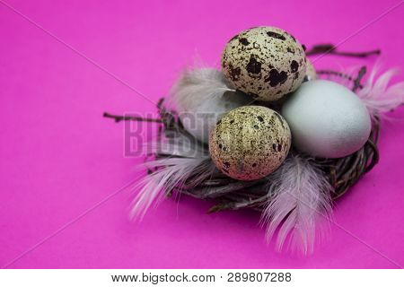 Easter Eggs. Happy Easter Card. Multi-colored Easter Eggs. Easter. Easter Eggs On A White Wooden Bac