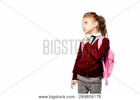 Back To School. Beautiful Little Girl Dressed Like A School Girl - In White Shirt, Red Blouse And Gr