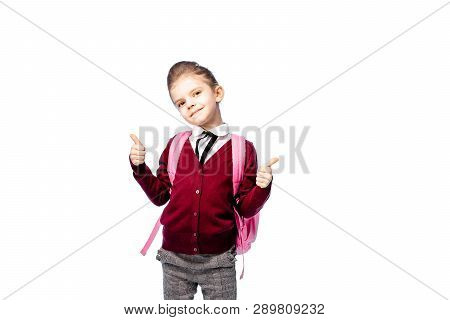 Back To School. Beautiful Little Girl Dressed Like A School Girl - In White Shirt, Red Blouse And Gr