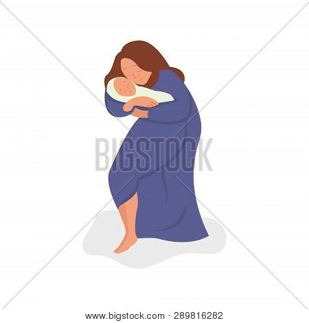 Vector Flat Illustration Of Mom Gently Wrapped Up A Baby And A Strong Love Of Mother Clung To Him. T