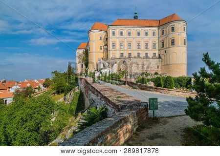 Mikulov, Czech Republic / South Moravia - October 15 2016: Mikulov Castle With Yellow And White Faca