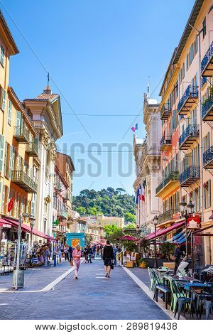 Nice, France - April 18 2017. A Lot Of Tourists And Restaurants In Old Town Of Nice, French Riviera.