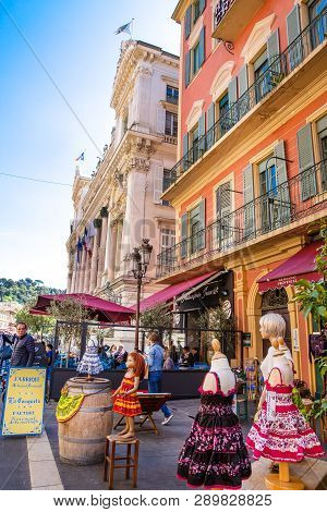 Nice, France - April 18 2017. Restaurant In Old Town Of Nice. Colorful Old Medieval Architecture.