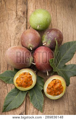 Fruits Of Gulupa On Vine Wood Table, Passiflora Pinnatistipula