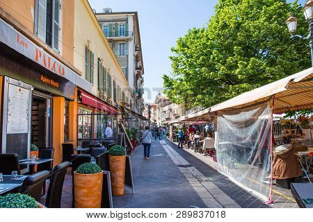 Nice, France - April 18 2017. Restaurant With Summer Terrace In Nice, French Riviera, France. Touris