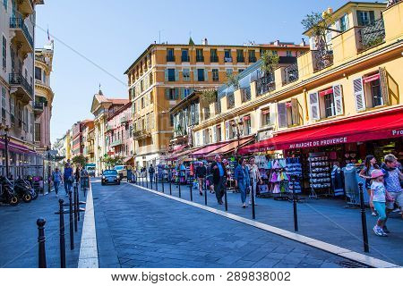 Nice, France - April 18 2017. Street With Souvenir Shops In Nice, France. French Riviera.