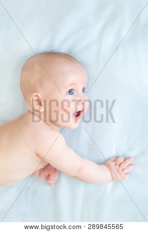 Profile Portrait Of Cute Little Baby Boy Lying On Blue Blanket And Looking Aside. Child With Open Mo