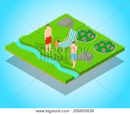 Outing Concept Banner. Isometric Banner Of Outing Concept For Web, Giftcard And Postcard