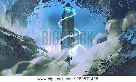 The Man With Wizard Staff Lighting The Lighthouse With His Magic, Digital Art Style, Illustration Pa