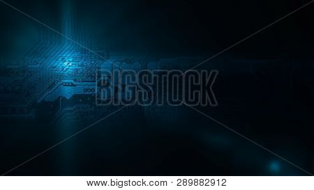 Circuit Board Double Exposure Background Of Dark Computer Motherboard With Light Flash Lens Flare. H