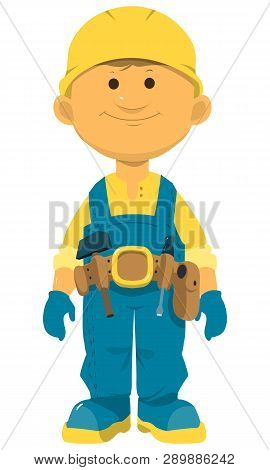 Vector Cute Little Boys Drilling. Vector Little Boys With Various Hair Colors. Little Builders Vecto