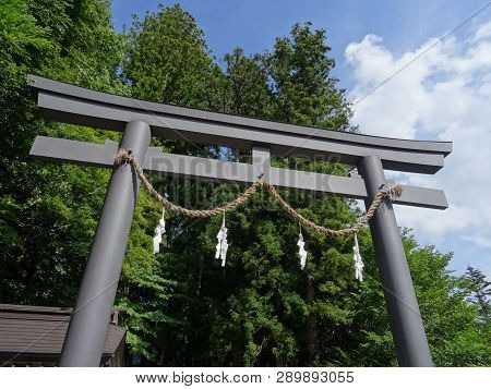 Togakushi, Nagano, Japan - 25th July 2018 : Low Angle View Of The Torii, On The Left Entrance Of The