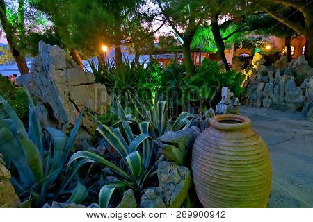 Beautiful Landscape With Exotic Plants And A Large Jug