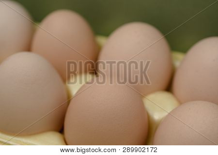 Chicken Eggs Lie In A Yellow Plastic Tray.