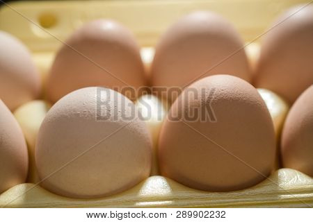 Chicken Eggs Lie In A Yellow Plastic Tray.
