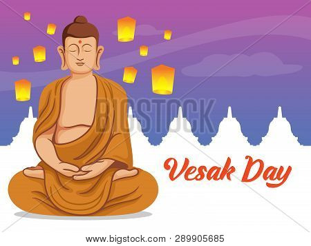 Sitting Buddha In Front Of Temple And Vesak Lantern  Illustration For Vesak Day Greeting Card.