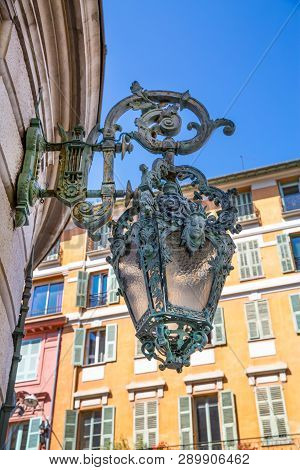 Nice, France - April 18 2017. Beautiful Street Lantern In Nice, France. Bright Summer Sky And Yellow