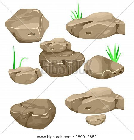 Vector Illustration Of A Set Of Separated Cartoon Boulders, Stones And Stones Of Various Shapes.