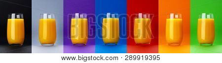 Glass Of Orange Juice Isolated On Different Color Backgrounds, Fresh Citrus Juice, Orange Cocktail, 