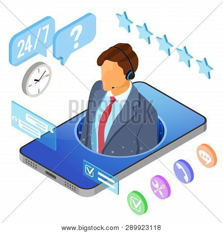 Online Isometric Customer Support Concept. Mobile Call Center With Man Consultant, Headset, Chat Ico