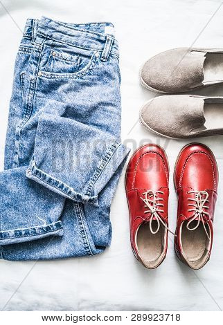 Set Of Women's Clothing For Leisure, Walks - Mom's Jeans, Suede Beige Slipons And Red Leather Sport 