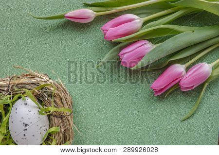 Easter Background With Pink Tulips And Egg On Green Glitter Background With Copy Space