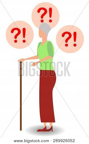 Asking Questions Elderly Woman Holding Walking Stick Isolated On White Background. Fanny Granny Hand