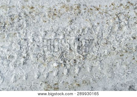 Tire Tracks In The Snow. Dirty Snow Spring Background. Spring Time. Old And Dirty Snow Texture. Natu