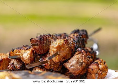 Meat On Skewers Roasted Over An Open Fire Close-up