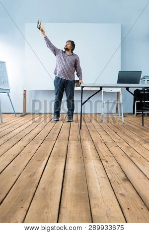 Beared Man With Book In Hand. Declamating, Oratoring, Art Of Speaking. Report Concept. Review Idea. 