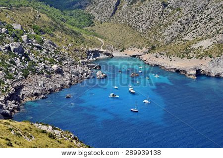Beautiful Sea Bay With Turquoise Water, Beach And Mountains, Cala Figuera On Cap Formentor, Mallorca