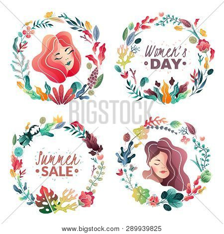 Set Of Spring-summer Decorative Wreaths For Banners And Cards. Summer Sale. Womans Day