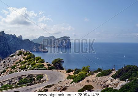Amazing Landscape When Driving On An Open Coastal Road Winding Through To Lighthouse Cap Formentor