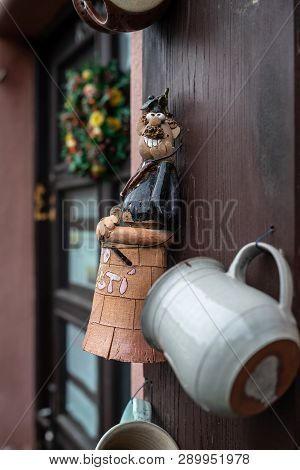 Vrchlabi, Czech Republic - October 25, 2018: External Ceramic Decoration Of The Gift Shop. The Town 