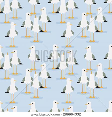 Cute Seagulls Seamless Pattern On Light Blue Background.