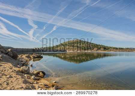 Shore Of The Navacerrada Dam And In The Background The Dam That Gives Rise To It. Spain Madrid Guada